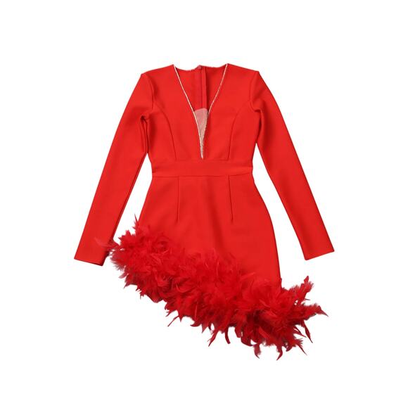 Women’s Red Feathered Trim Embellished Mini Cocktail Dress Small - Picture 2 of 8